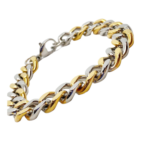 NEW Two Tone Flat CUBAN LINK Stainless Steel BRACELET Men's 9" Gold Silver NWOT - Picture 1 of 7